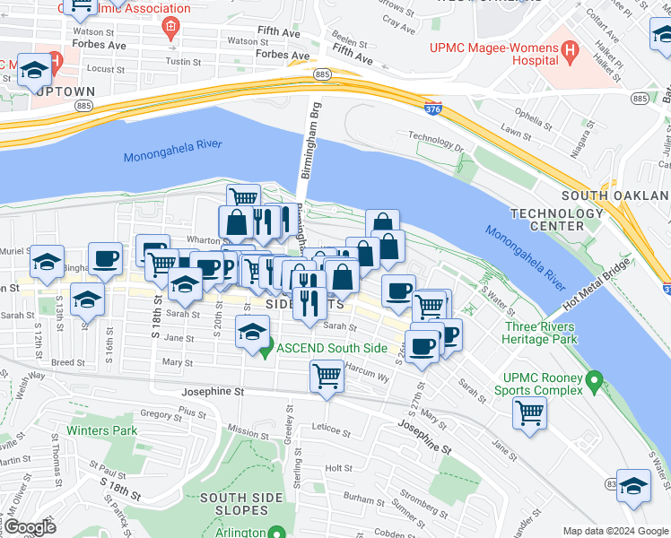 map of restaurants, bars, coffee shops, grocery stores, and more near in Pittsburgh