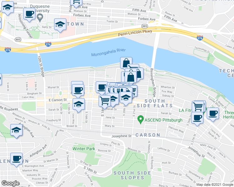 map of restaurants, bars, coffee shops, grocery stores, and more near 1910 Sidney Street in Pittsburgh