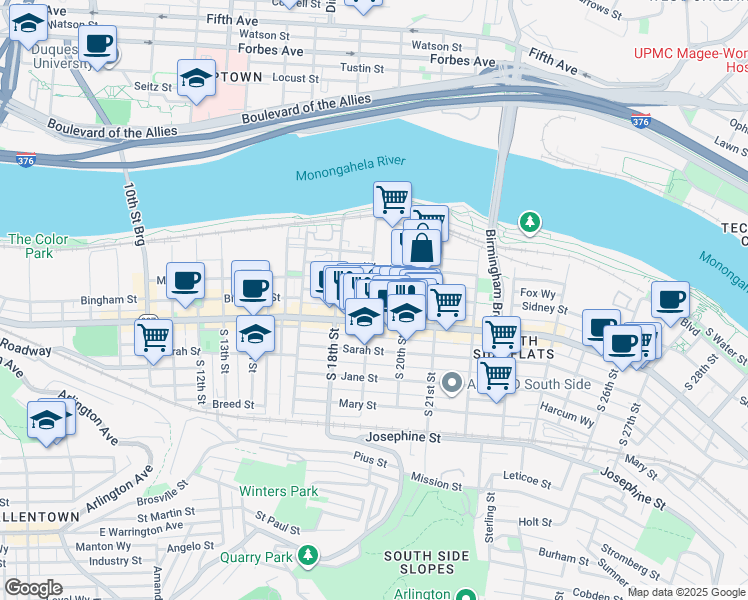 map of restaurants, bars, coffee shops, grocery stores, and more near 1910 Sidney Street in Pittsburgh
