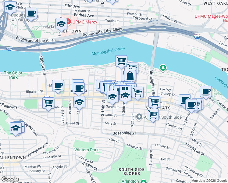 map of restaurants, bars, coffee shops, grocery stores, and more near 1910 Sidney Street in Pittsburgh