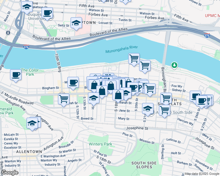 map of restaurants, bars, coffee shops, grocery stores, and more near 1711 Wrights Way in Pittsburgh