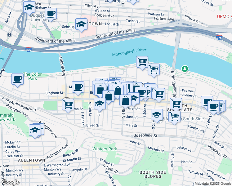 map of restaurants, bars, coffee shops, grocery stores, and more near 1711 Wrights Way in Pittsburgh