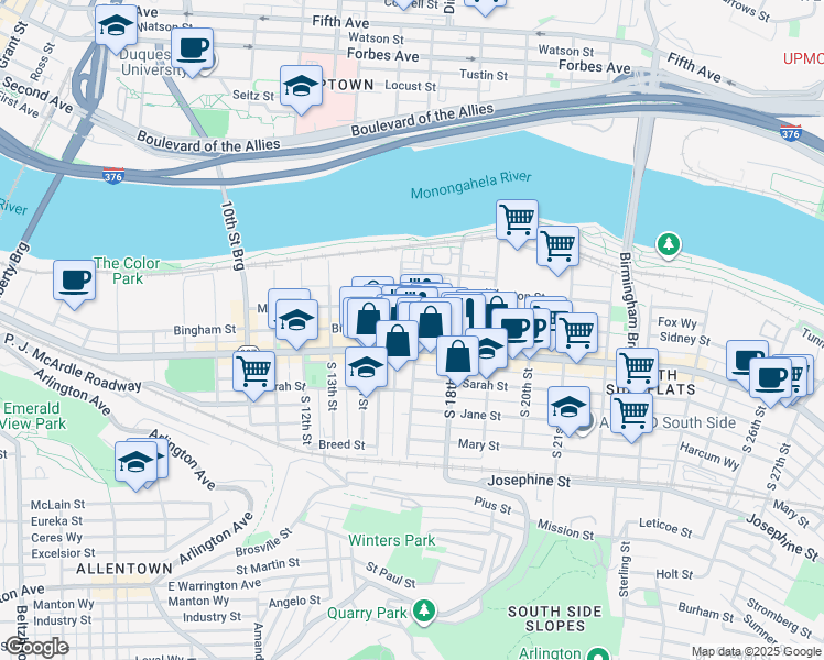 map of restaurants, bars, coffee shops, grocery stores, and more near 1711 Wrights Way in Pittsburgh