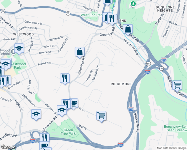 map of restaurants, bars, coffee shops, grocery stores, and more near 620 Springfield Street in Pittsburgh