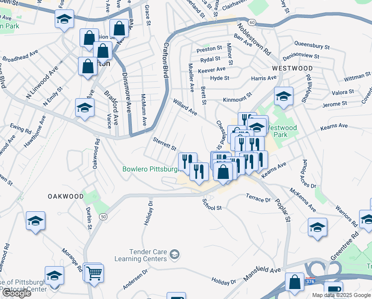 map of restaurants, bars, coffee shops, grocery stores, and more near 105 Sterrett Street in Pittsburgh