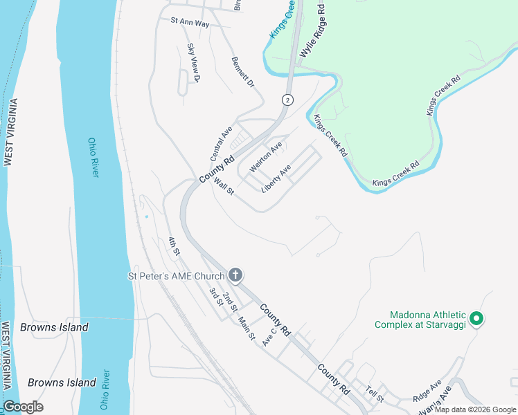 map of restaurants, bars, coffee shops, grocery stores, and more near 159 Wall Street in Weirton