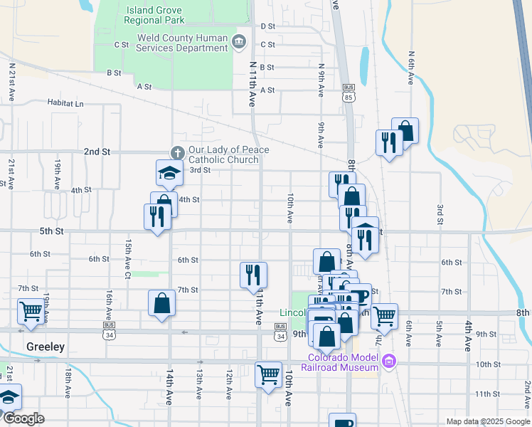 map of restaurants, bars, coffee shops, grocery stores, and more near 412 11th Avenue in Greeley