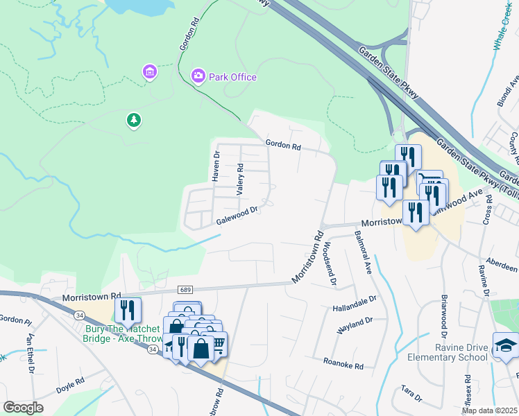 map of restaurants, bars, coffee shops, grocery stores, and more near 20 Galewood Drive in Matawan