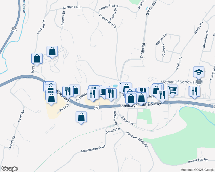 map of restaurants, bars, coffee shops, grocery stores, and more near 3885 Brookside Lane in Murrysville