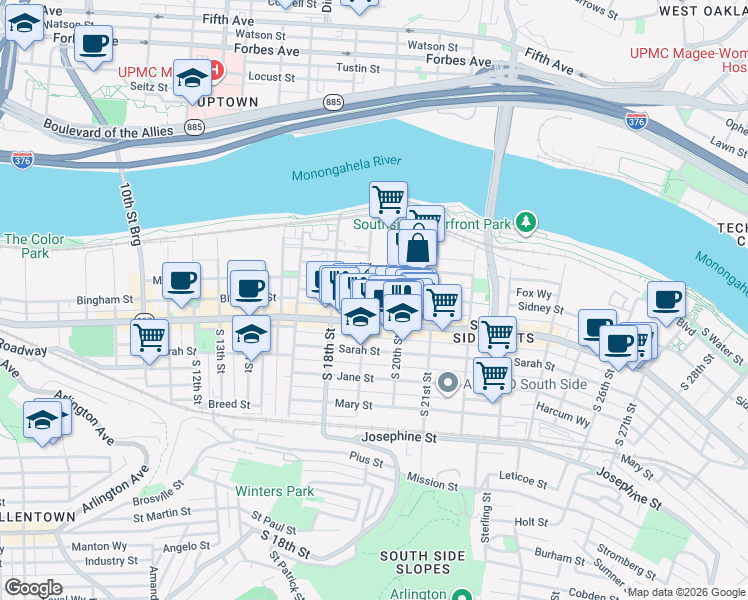 map of restaurants, bars, coffee shops, grocery stores, and more near 1910 Sidney Street in Pittsburgh