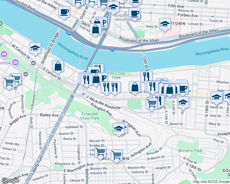 map of restaurants, bars, coffee shops, grocery stores, and more near 523 Bingham Street in Pittsburgh