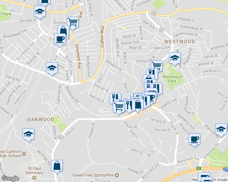 map of restaurants, bars, coffee shops, grocery stores, and more near 105 Sterrett Street in Pittsburgh