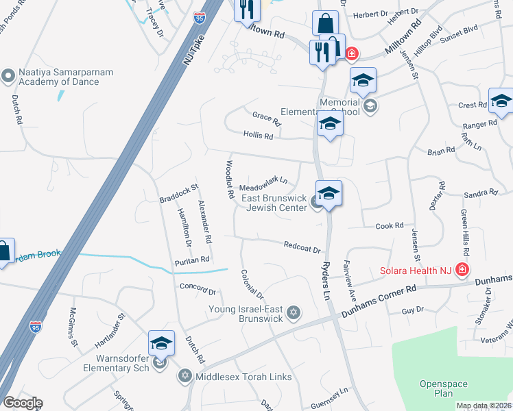 map of restaurants, bars, coffee shops, grocery stores, and more near 23 Thrush Drive in East Brunswick