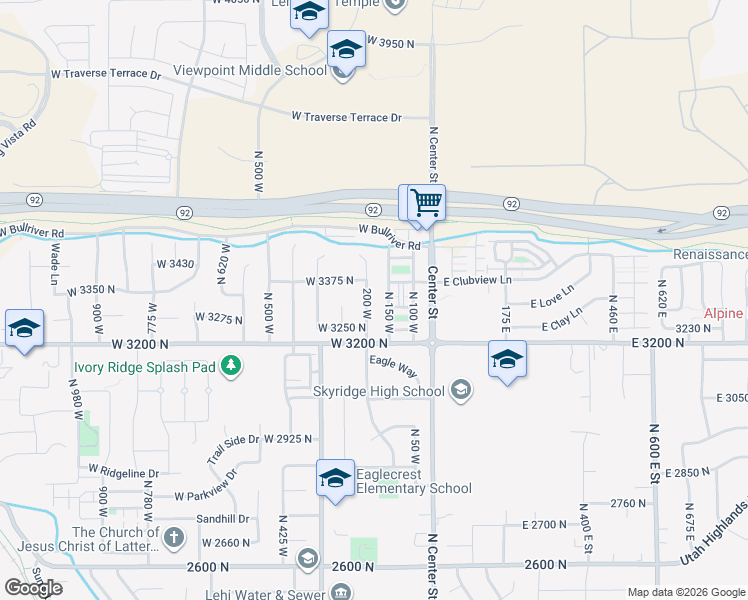 map of restaurants, bars, coffee shops, grocery stores, and more near 3327 North 150 West in Lehi