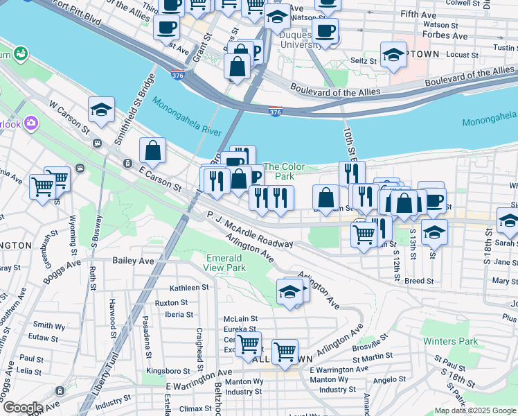 map of restaurants, bars, coffee shops, grocery stores, and more near 428 Bingham St in Pittsburgh