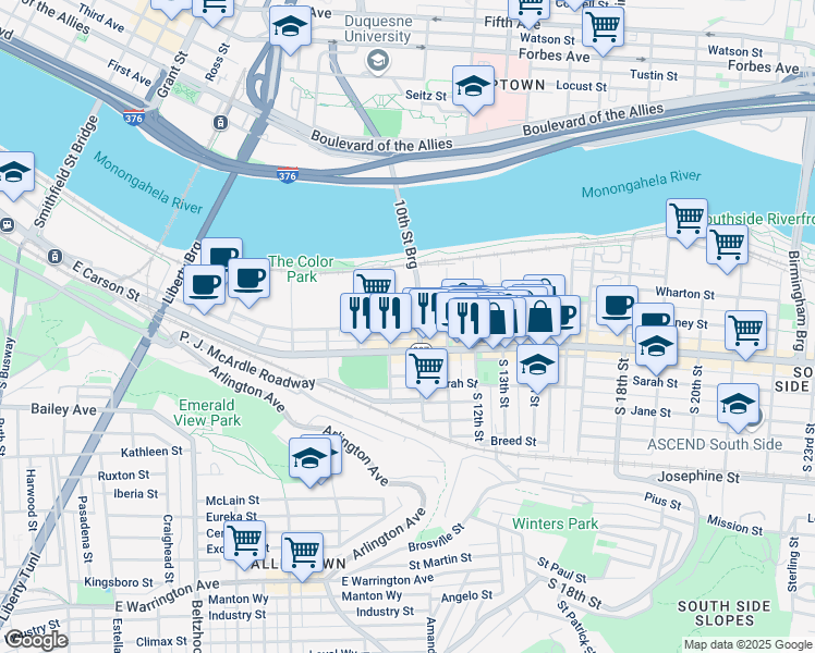 map of restaurants, bars, coffee shops, grocery stores, and more near Bingham Street in Pittsburgh