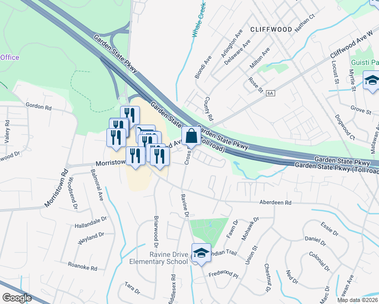 map of restaurants, bars, coffee shops, grocery stores, and more near 40 Cross Road in Matawan