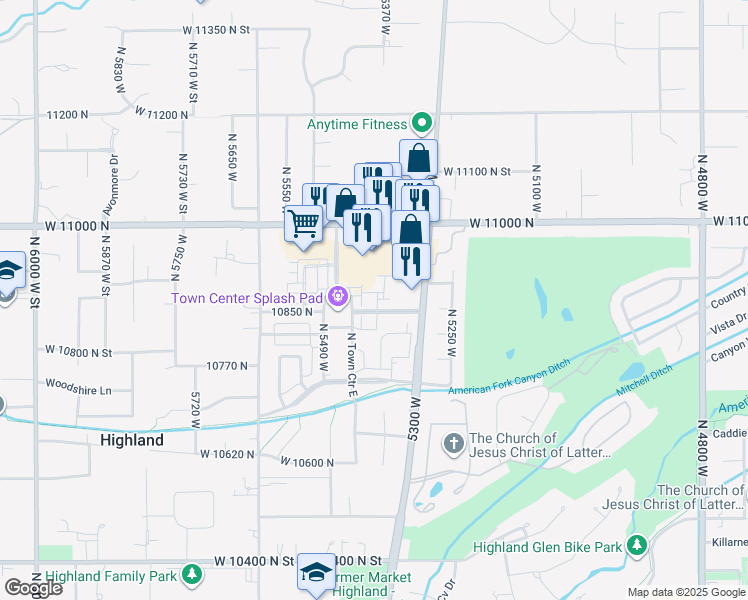 map of restaurants, bars, coffee shops, grocery stores, and more near 10867 North Sandstone Way in Highland