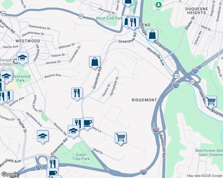 map of restaurants, bars, coffee shops, grocery stores, and more near 620 Springfield Street in Pittsburgh