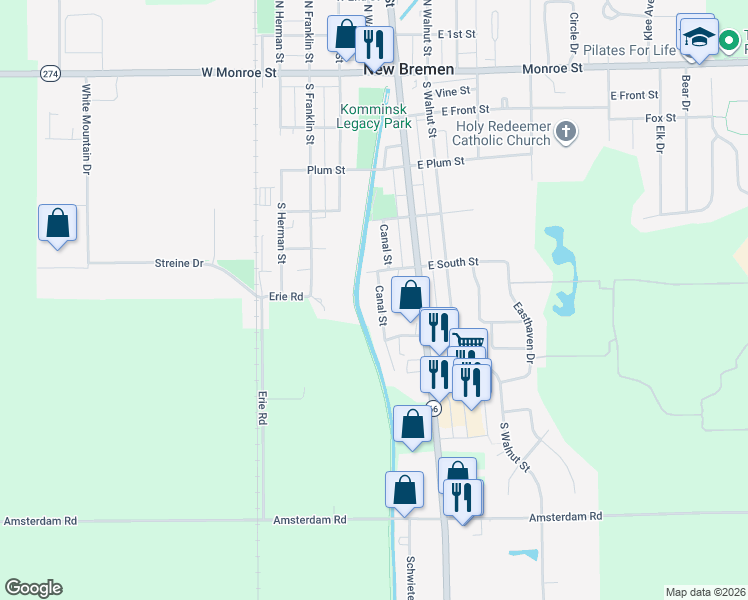 map of restaurants, bars, coffee shops, grocery stores, and more near 419 Canal Street in New Bremen