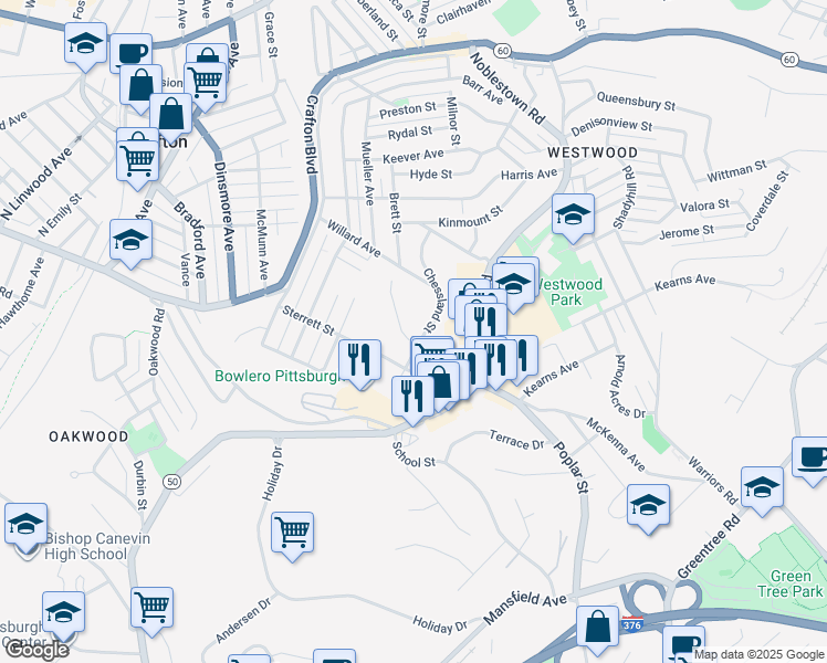 map of restaurants, bars, coffee shops, grocery stores, and more near 1848 Chessland Street in Pittsburgh