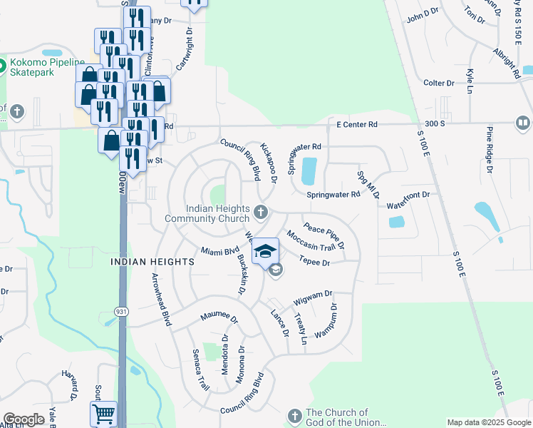 map of restaurants, bars, coffee shops, grocery stores, and more near 5209 Council Ring Boulevard in Kokomo