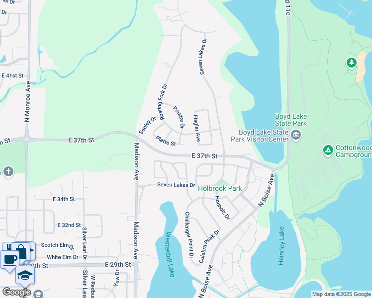map of restaurants, bars, coffee shops, grocery stores, and more near 1576 Platte Court in Loveland