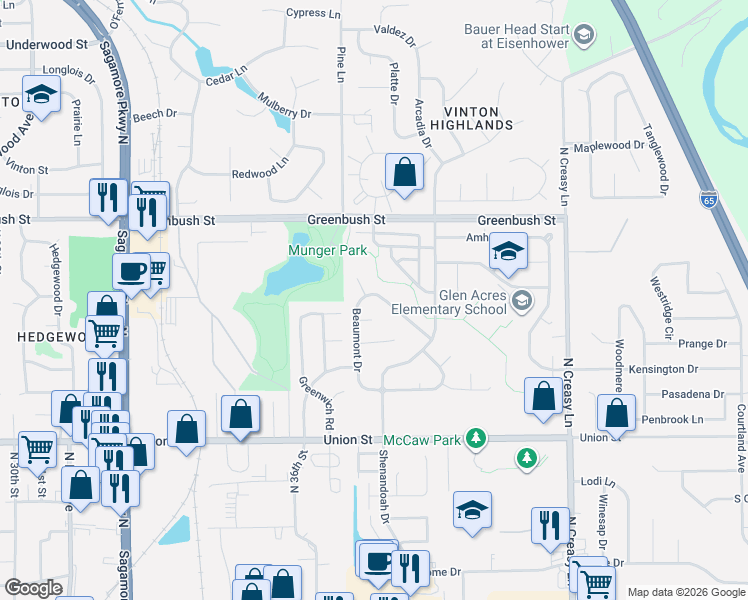 map of restaurants, bars, coffee shops, grocery stores, and more near 3616-3620 Redondo Drive in Lafayette