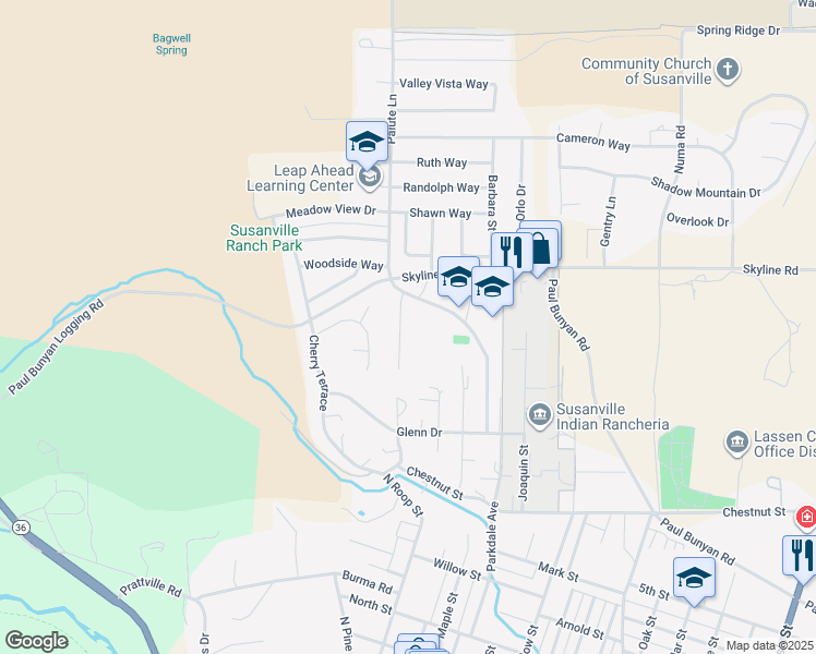 map of restaurants, bars, coffee shops, grocery stores, and more near 35 Renae Drive in Susanville