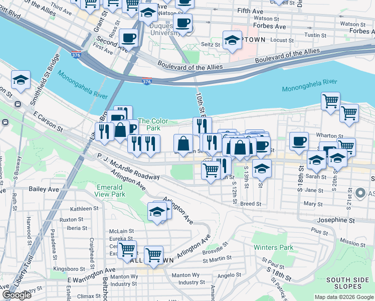 map of restaurants, bars, coffee shops, grocery stores, and more near 809 Bingham Street in Pittsburgh