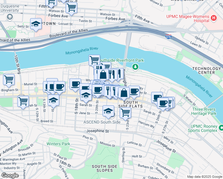 map of restaurants, bars, coffee shops, grocery stores, and more near 2111 Sidney Street in Pittsburgh