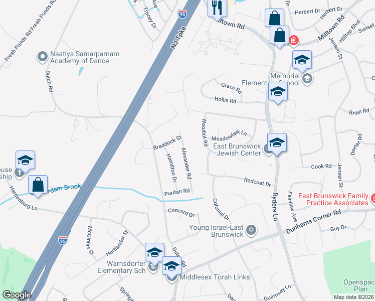 map of restaurants, bars, coffee shops, grocery stores, and more near 10 Alexander Road in East Brunswick