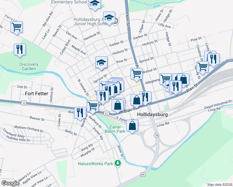 map of restaurants, bars, coffee shops, grocery stores, and more near 301 Allegheny St in Hollidaysburg