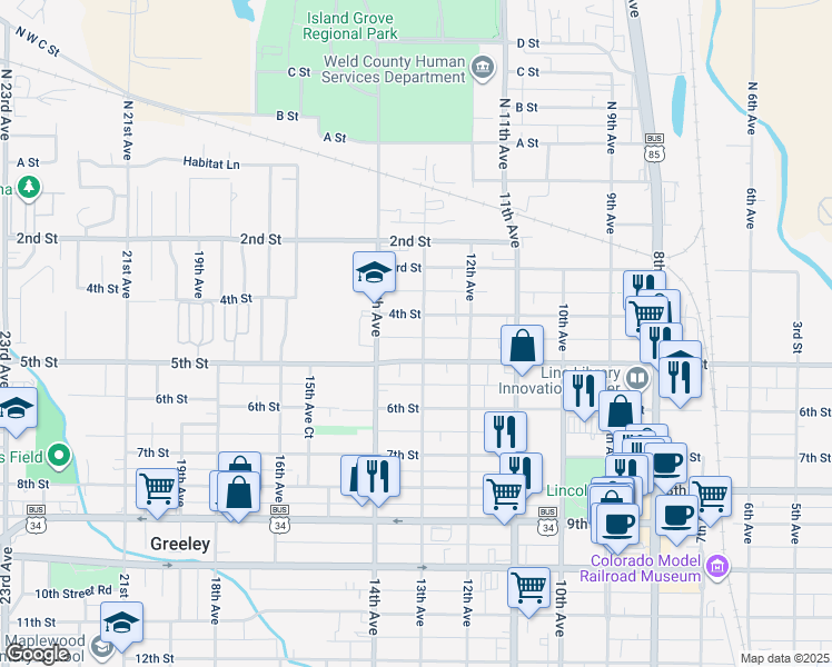 map of restaurants, bars, coffee shops, grocery stores, and more near 415 13th Avenue in Greeley