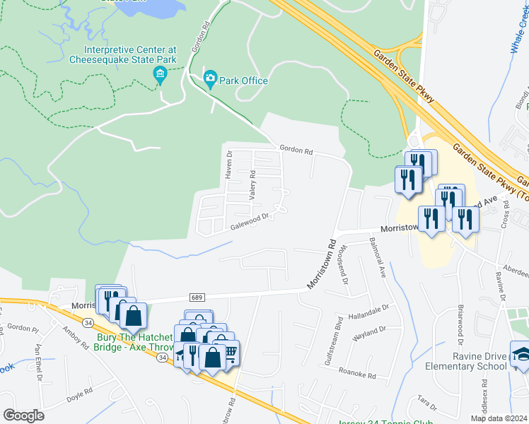 map of restaurants, bars, coffee shops, grocery stores, and more near 22 Galewood Drive in Matawan