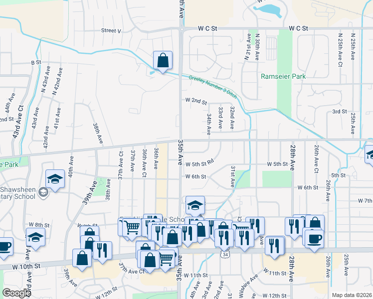 map of restaurants, bars, coffee shops, grocery stores, and more near 3415 West 4th Street Road in Greeley