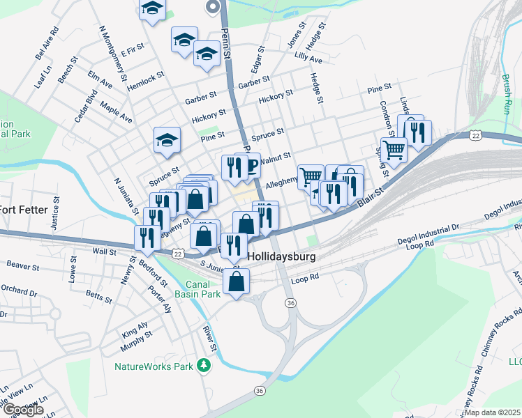 map of restaurants, bars, coffee shops, grocery stores, and more near 517 Mulberry Street in Hollidaysburg