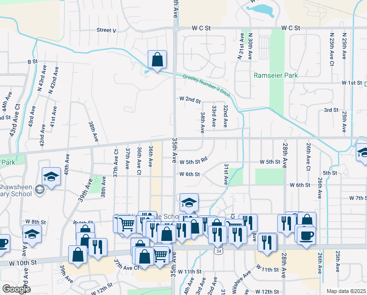 map of restaurants, bars, coffee shops, grocery stores, and more near 3415 West 4th Street Road in Greeley