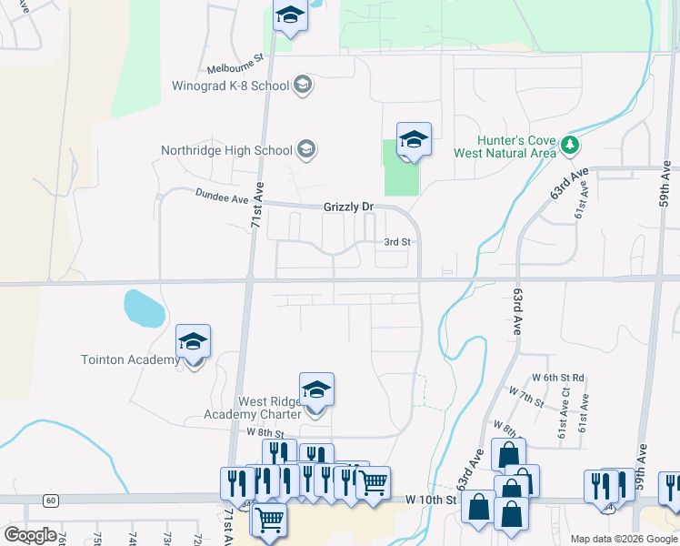 map of restaurants, bars, coffee shops, grocery stores, and more near 29 4th Street in Greeley