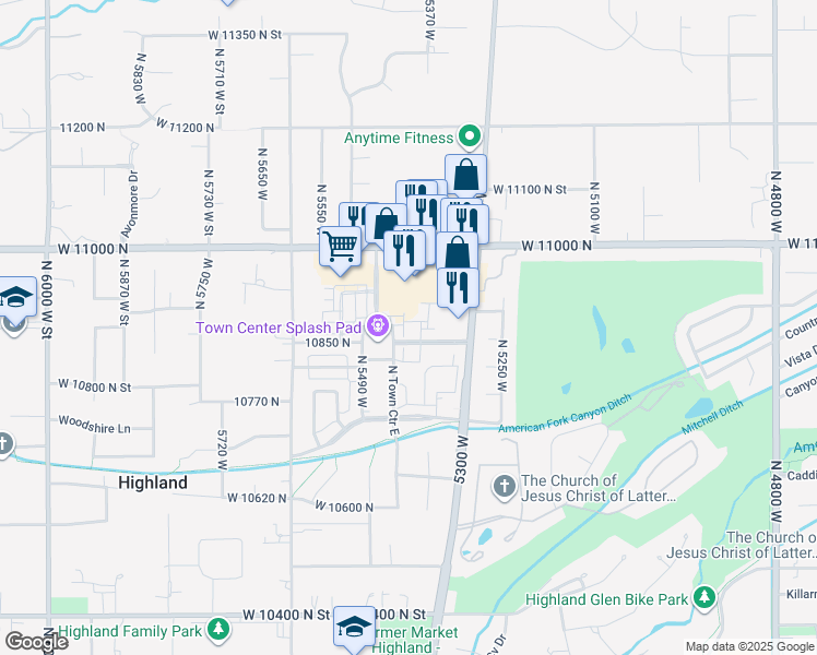 map of restaurants, bars, coffee shops, grocery stores, and more near 10867 North Sandstone Way in Highland