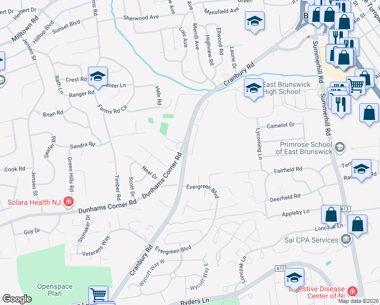 map of restaurants, bars, coffee shops, grocery stores, and more near 40 Dunhams Corner Road in East Brunswick