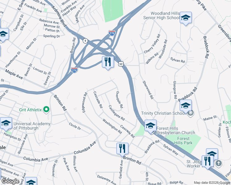 map of restaurants, bars, coffee shops, grocery stores, and more near 208 Overdale Road in Pittsburgh