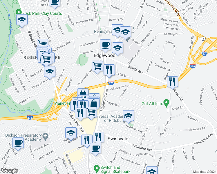 map of restaurants, bars, coffee shops, grocery stores, and more near 115 Oakview Avenue in Pittsburgh