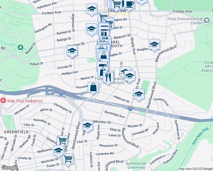 map of restaurants, bars, coffee shops, grocery stores, and more near 5800 Alderson Street in Pittsburgh