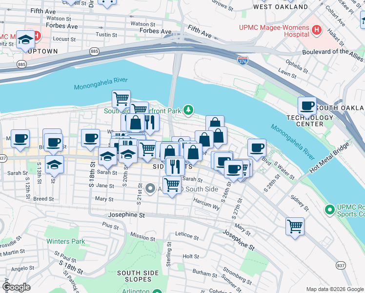 map of restaurants, bars, coffee shops, grocery stores, and more near in Pittsburgh