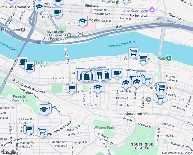 map of restaurants, bars, coffee shops, grocery stores, and more near 1323 Bingham Street in Pittsburgh