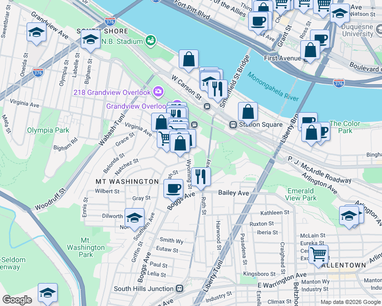 map of restaurants, bars, coffee shops, grocery stores, and more near 436 Jennie Street in Pittsburgh