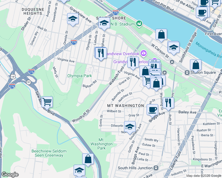 map of restaurants, bars, coffee shops, grocery stores, and more near 407 Grace Street in Pittsburgh