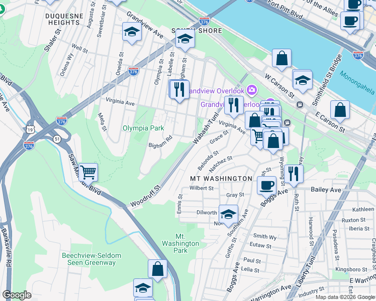 map of restaurants, bars, coffee shops, grocery stores, and more near in Pittsburgh