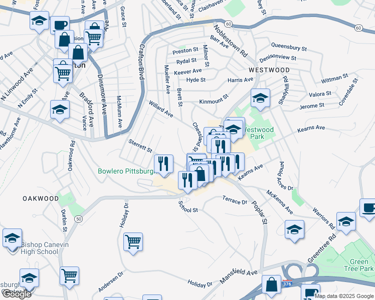 map of restaurants, bars, coffee shops, grocery stores, and more near 1848 Chessland Street in Pittsburgh